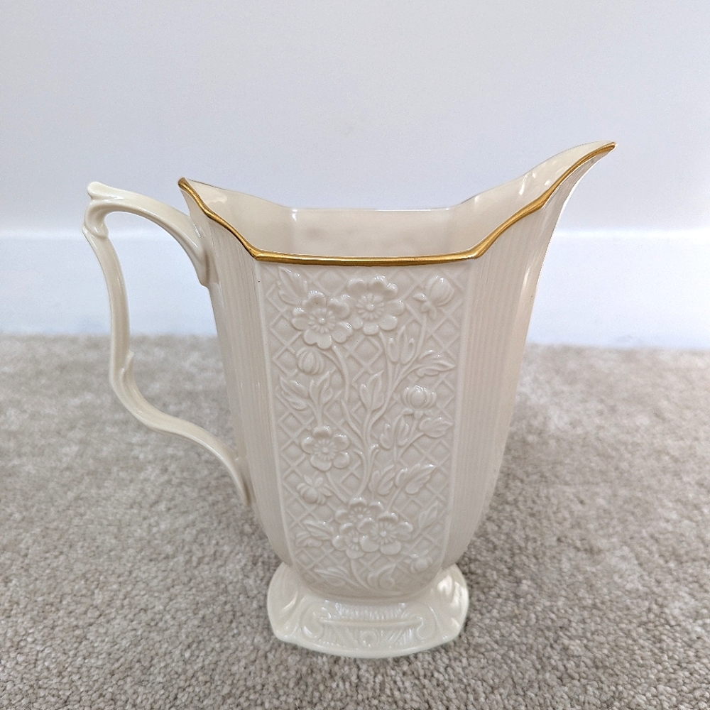 Lenox Vintage Floral Embossed Pitcher Gold Trim- Cottagecore Spring Home Decor,